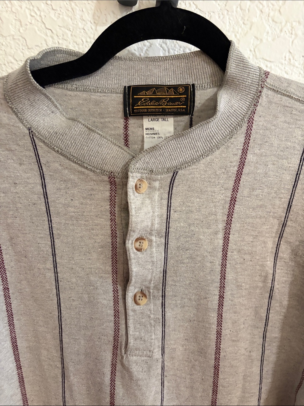 Eddie Bauer Beige Henley with Navy and Burgundy Vertical Stripes